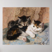 Calico Cat and Gray Kitten Fine Art Painting