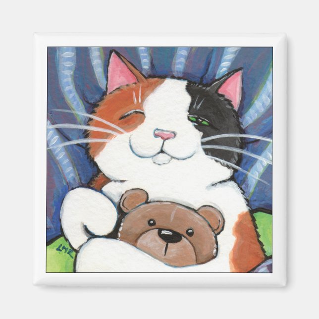 Calico Cat and Teddy Bear | Cat Art Magnet (Front)