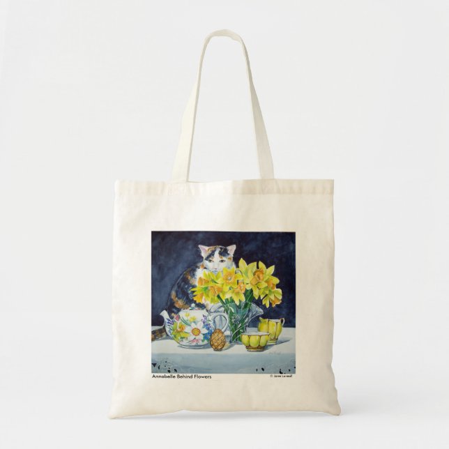 Calico Cat Behind Flowers Tote Bag (Front)