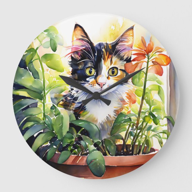 Calico Cat Behind Vibrant Potted Plant  Large Clock (Front)