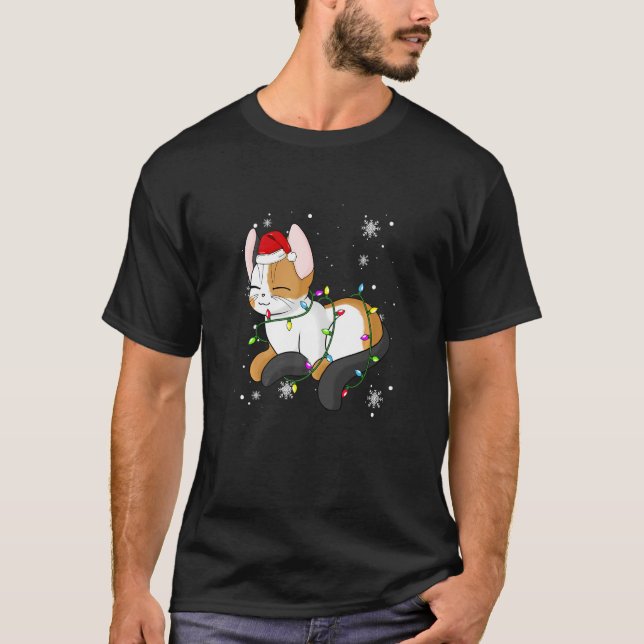 Calico Cat Christmas Lights Christmas Cat Santa ha T-Shirt (Front)