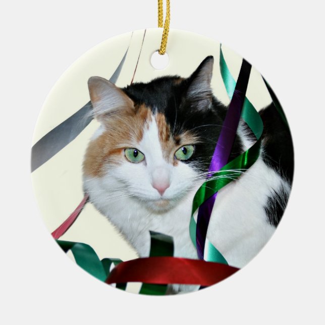 Calico cat Christmas ribbon Ceramic Ornament (Front)