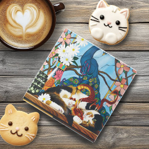 Calico Cat Dragon Red Glass Coaster