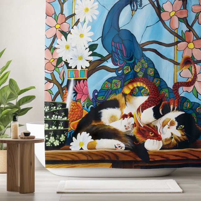 Calico Cat Dragon Red Shower Curtain (Creator Uploaded)