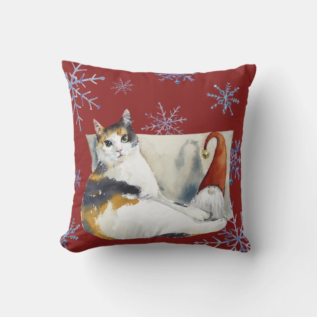 Calico Cat Gnome Christmas Snowflakes Cushion (Front)