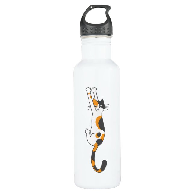 Calico Cat Hanging On Funny Cat Lover's 710 Ml Water Bottle (Front)