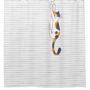 Calico Cat Hanging On Funny Cat Lover's Shower Curtain