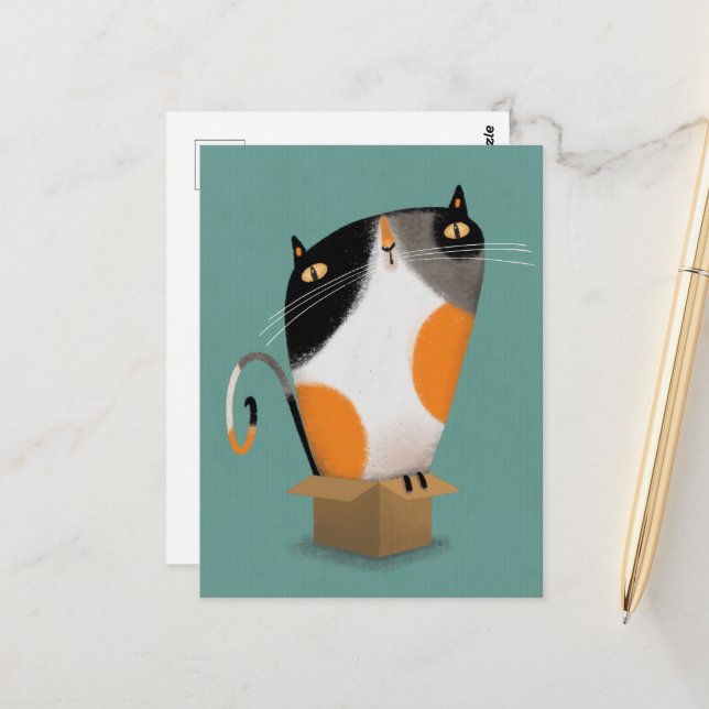 Calico cat in box postcard (Front/Back In Situ)