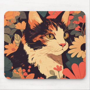 Calico Cat in Floral Garden Mouse Pad