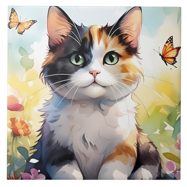Calico Cat in Spring Garden with Butterflies  Ceramic Tile (Front)