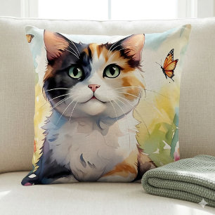 Calico Cat in Spring Garden with Butterflies Cushion