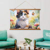 Calico Cat in Spring Garden with Butterflies