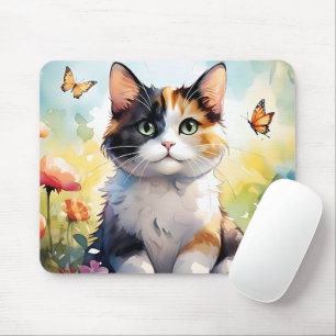Calico Cat in Spring Garden with Butterflies  Mouse Pad