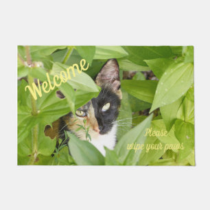 Calico Cat in the Zinnias Doormat