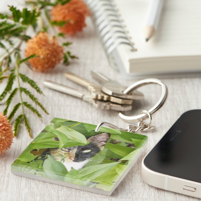 Calico Cat in the Zinnias Key Ring (Front Right)