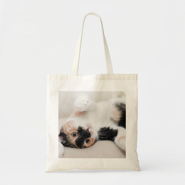 Calico Cat Laying on his back with paws up Tote Bag (Front)