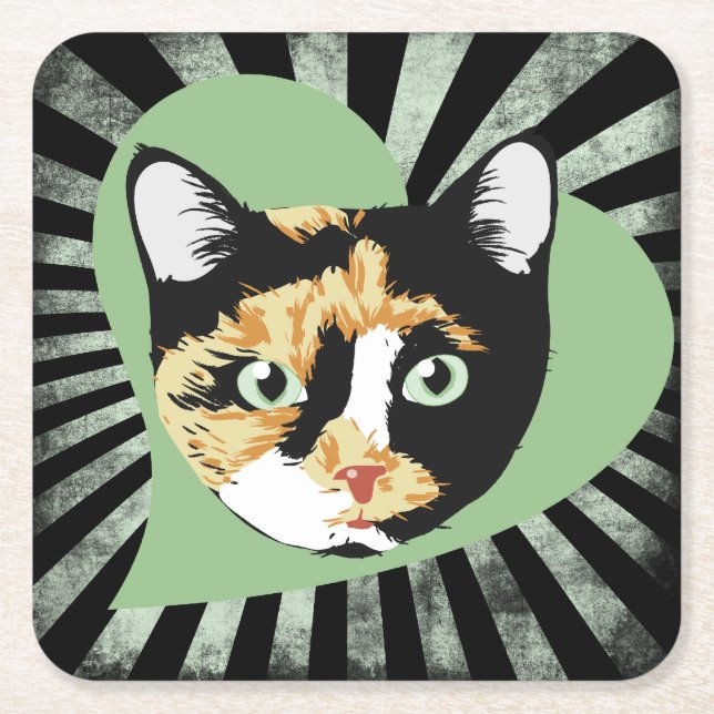 Calico cat love square paper coaster (Front)