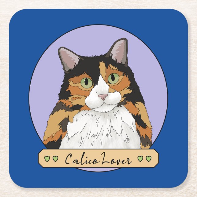 Calico Cat Lover Square Paper Coaster (Front)