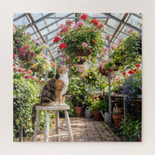Calico Cat on a Stool in a Greenhouse Jigsaw Puzzle