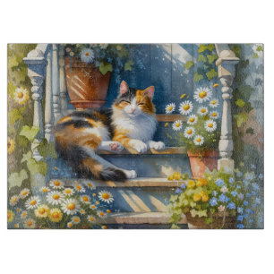 Calico Cat on Floral Porch Cottagecore Cutting Board