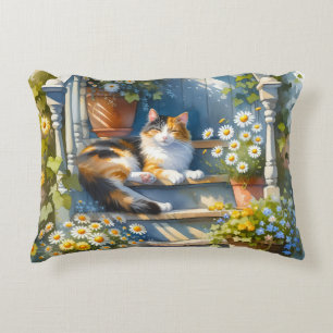 Calico Cat on Floral Porch Cottagecore Decorative Cushion