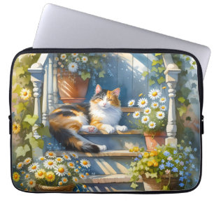 Calico Cat on Floral Porch Cottagecore Laptop Sleeve