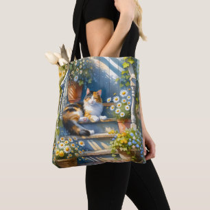 Calico Cat on Floral Porch Cottagecore Tote Bag
