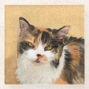 Calico Cat Painting - Cute Original Cat Art Glass Coaster
