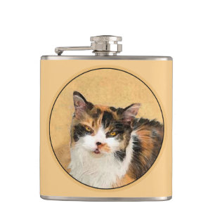 Calico Cat Painting - Cute Original Cat Art Hip Flask