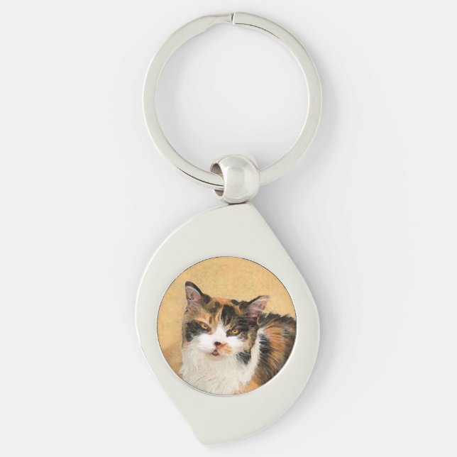 Calico Cat Painting - Cute Original Cat Art Key Ring (Front)