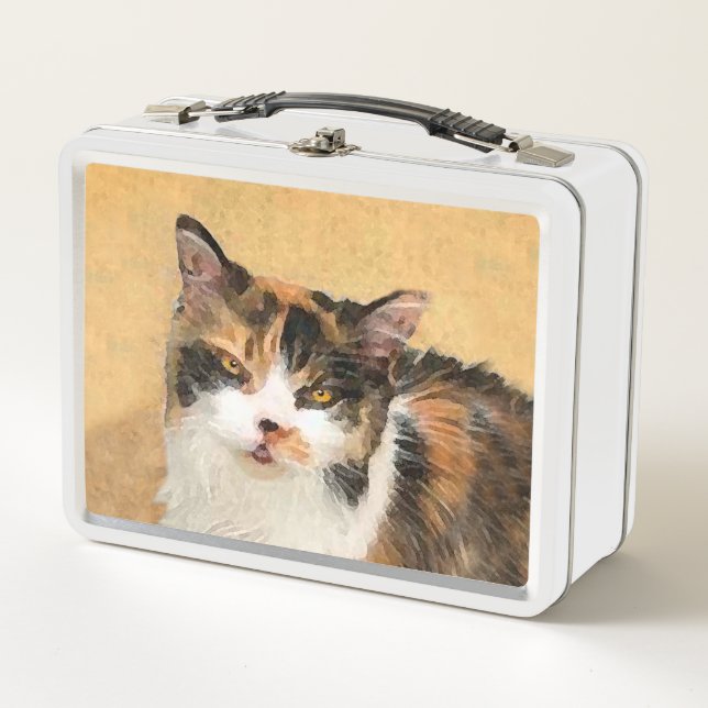 Calico Cat Painting - Cute Original Cat Art Metal Lunch Box (Front)
