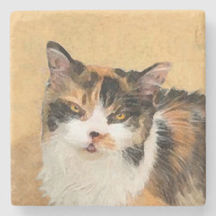 Calico Cat Painting - Cute Original Cat Art Stone Coaster