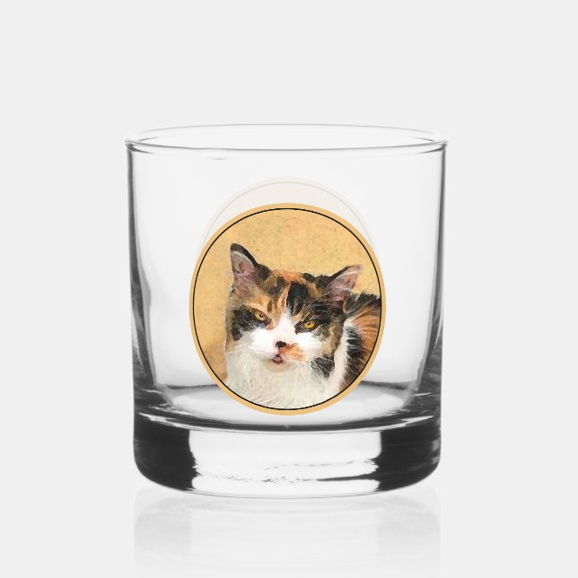 Calico Cat Painting - Cute Original Cat Art Whiskey Glass (Front)