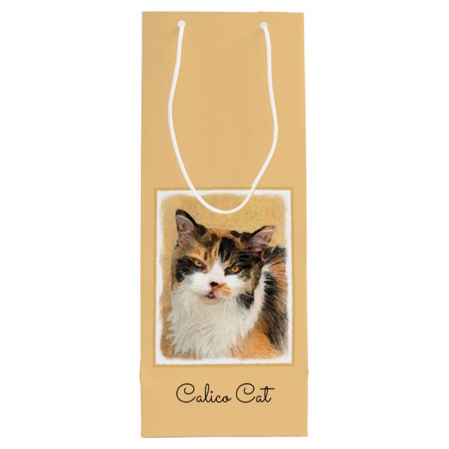 Calico Cat Painting - Cute Original Cat Art Wine Gift Bag (Back)