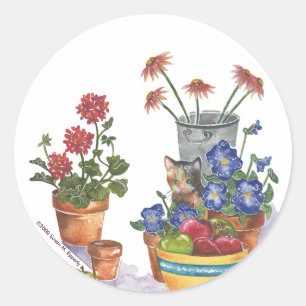 Calico Cat Pansies Apples Watercolor "Paloma" Classic Round Sticker