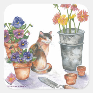 Calico Cat Pansies Daisies Watercolor "Don Juan" Square Sticker