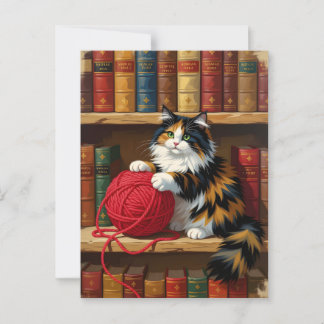Calico Cat Playing With Yarn On A Bookshelf  Postcard
