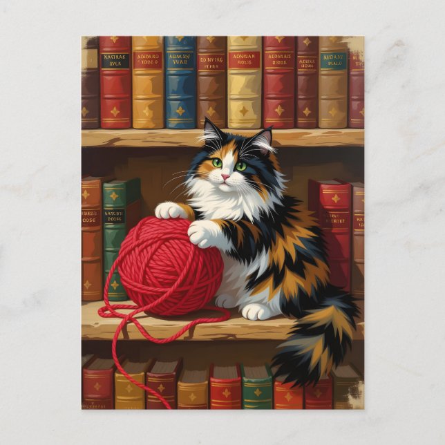 Calico Cat Playing With Yarn On A Bookshelf  Postcard (Front)