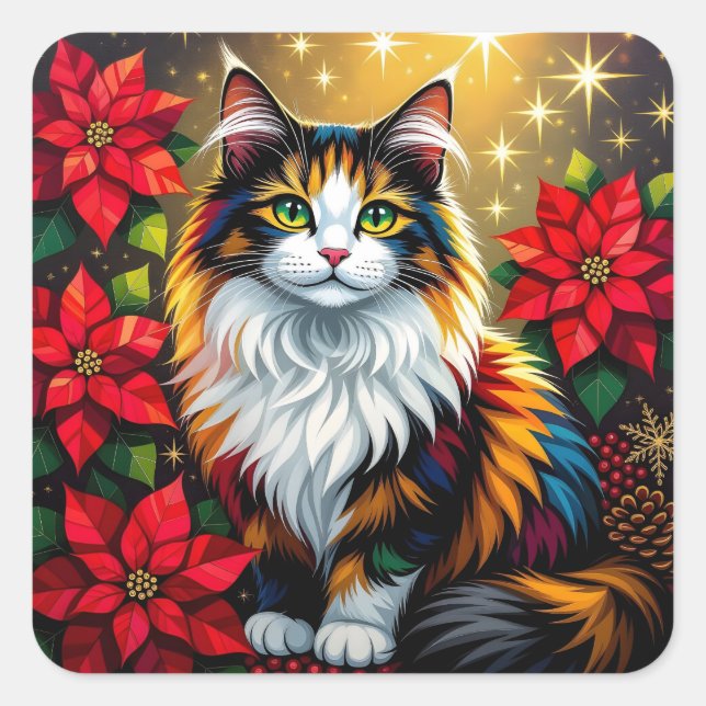 Calico Cat, Poinsettias Red and Gold Christmas Square Sticker (Front)