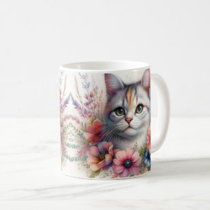 Calico Cat Portrait with Flowers   Coffee Mug