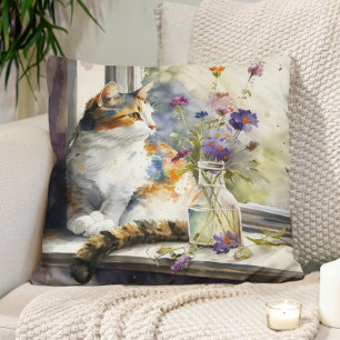 Calico Cat Purple Flowers Window Sunlight Cushion