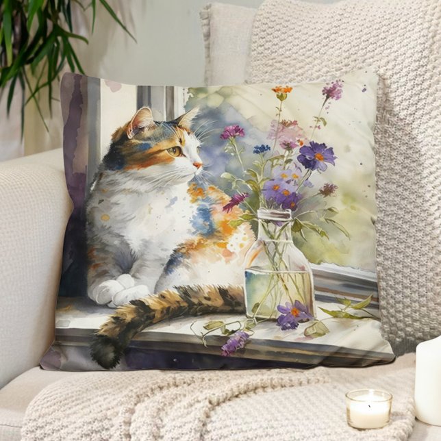 Calico Cat Purple Flowers Window Sunlight  Cushion (Pillow with a watercolor painting of a cat sitting in a window.)