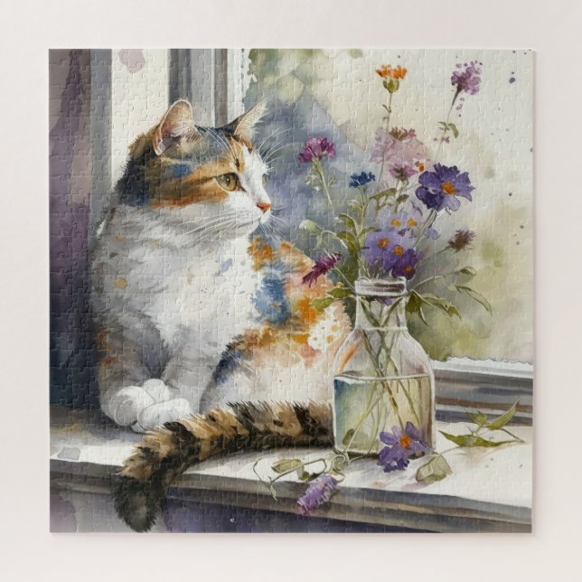 Calico Cat Purple Flowers Window Sunlight  Jigsaw Puzzle (Vertical)