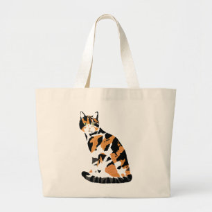 Calico cat sitting large tote bag