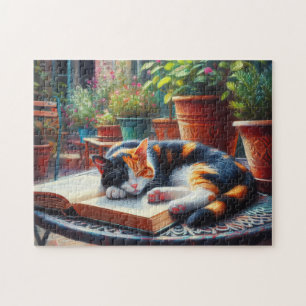 Calico Cat Sleeping on a Book Garden Painting Jigsaw Puzzle