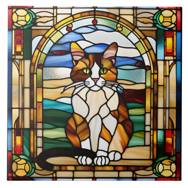 Calico Cat Stained Glass Ceramic Tile (Front)