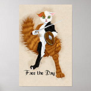 Calico Cat Warrior Grimalkin with Sword and Shield Poster