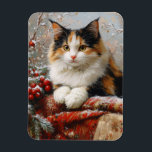 Calico Cat Winter Scene Painting Flexible Magnet<br><div class="desc">Flexible magnet art featuring a painting of beautiful calico cat in a winter scene surrounded by red berries,  pine sprigs and cosy fabrics.</div>