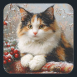 Calico Cat Winter Scene Painting Square Sticker<br><div class="desc">Square sticker art featuring a painting of beautiful calico cat in a winter scene surrounded by red berries,  pine sprigs and cosy fabrics.</div>