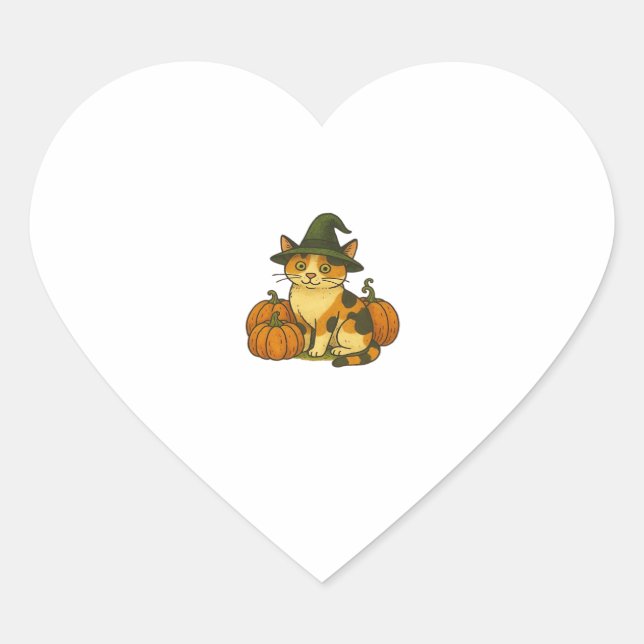 Calico Cat Witch with Pumpkins Halloween Design Cl Heart Sticker (Front)